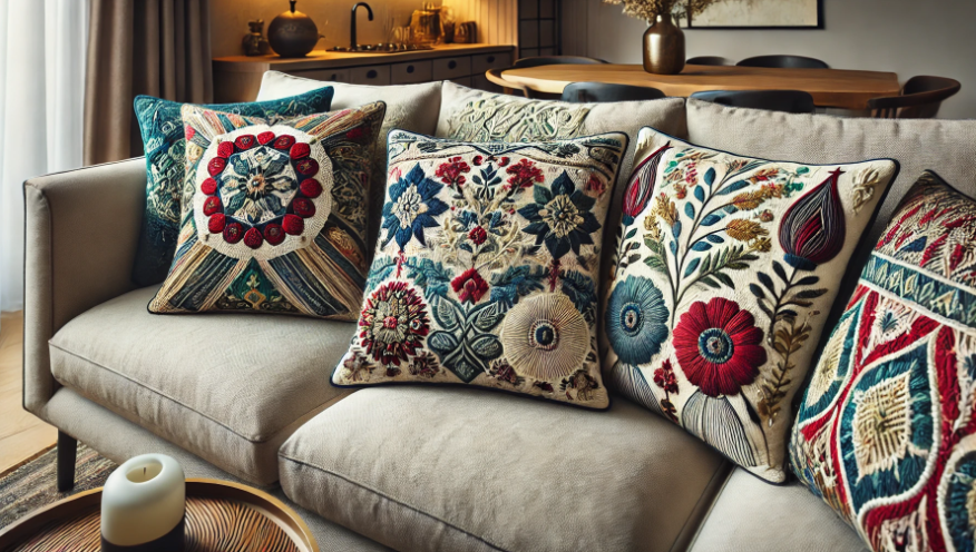 Embroidered cushions  to transform a plain sofa  with  intricate stitching and vibrant colors 