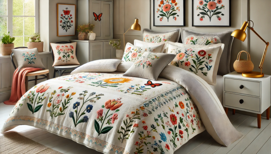 The embroidered duvet covers, pillowcases, and throw blankets
