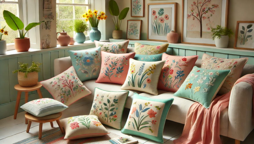 some spring-inspired embroidered cushion designs