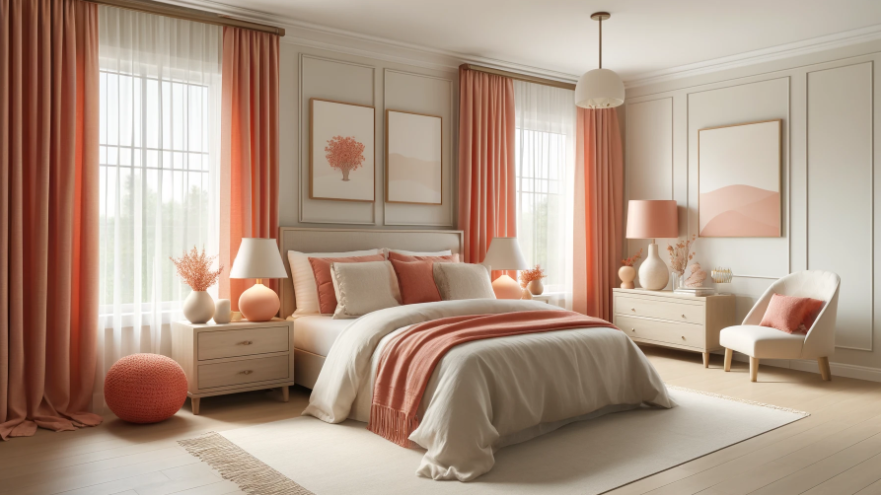  subtle coral accents in your bedroom with a pop of coral to your bedding, curtains, or throw pillows 