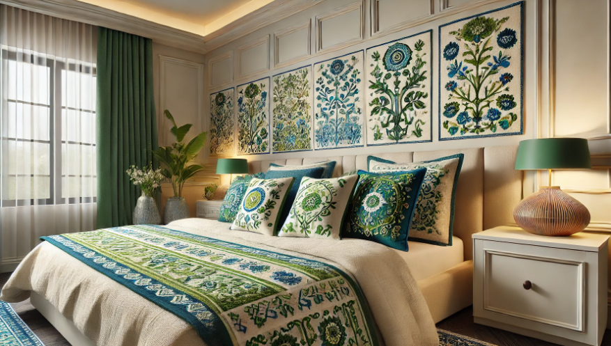 updating your bedroom décor with lively green and blue embroidery accents