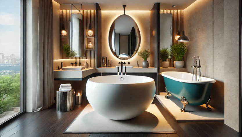  a luxurious modern bathroom featuring stand-alone tubs