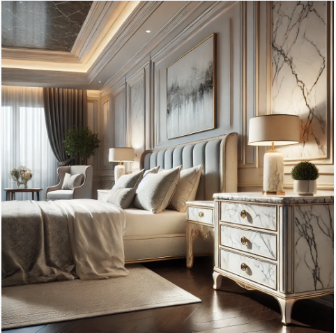  bedroom featuring elegant marble-topped nightstands and a dresser