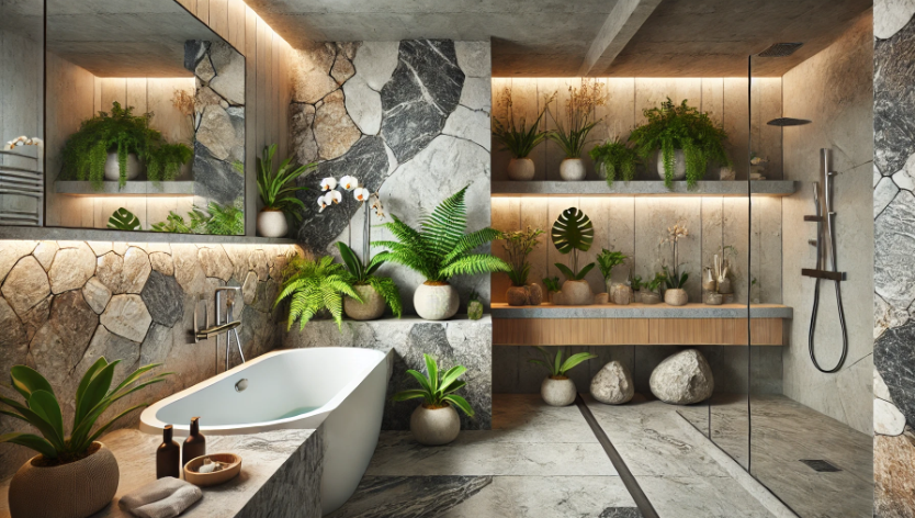 modern bathroom design featuring natural elements with a focus on incorporating stones
